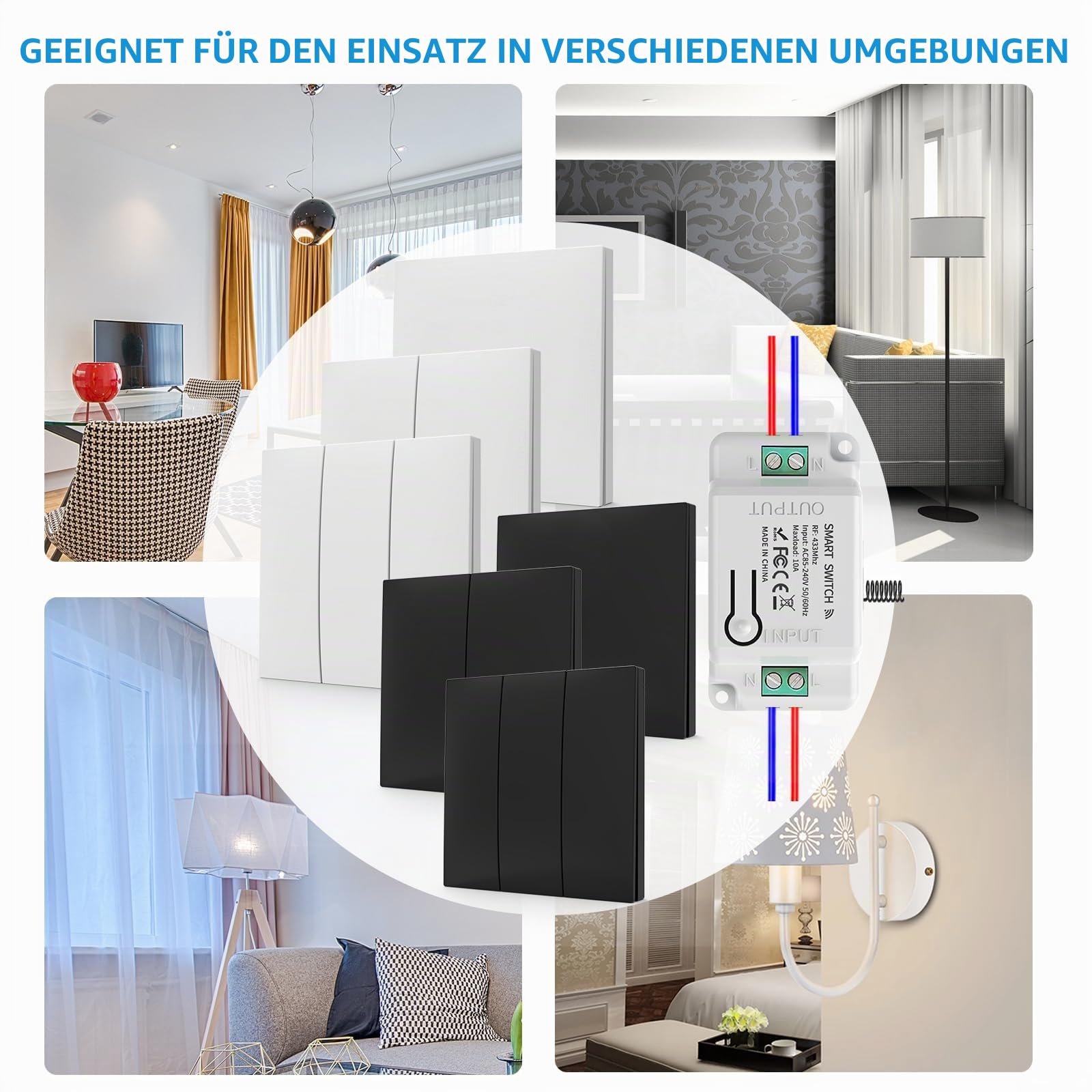 KADMOS Funk-Lichtschalter Set,selbstversorgt Funk Lichtschalter,Drahtloser Schalter- keine Batterie erforderlich,automatischer Rebound-Schalter,keine Verkabelung erforderlich (3key 3receiver-White)