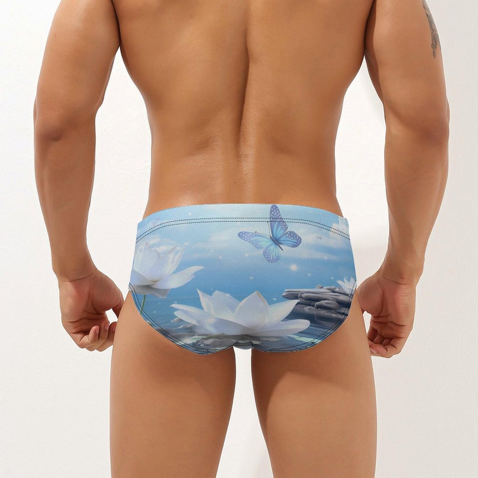White Flower and Stone with Butterfly Mens Swim Briefs Quick Dry Swim Trunk Bikini Underwear Swimsuit S