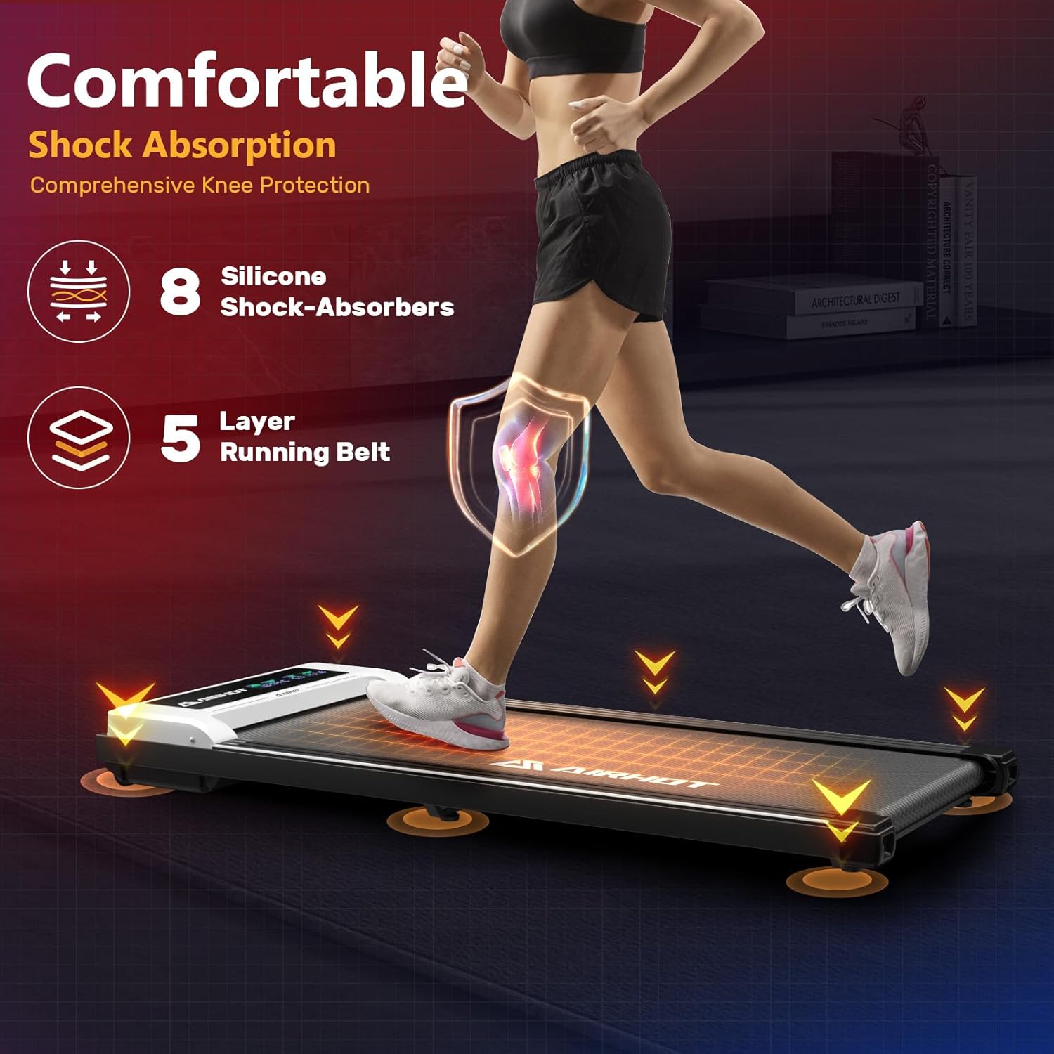AIRHOT P2 Walking Pad Treadmill with shock absorption features highlighted.