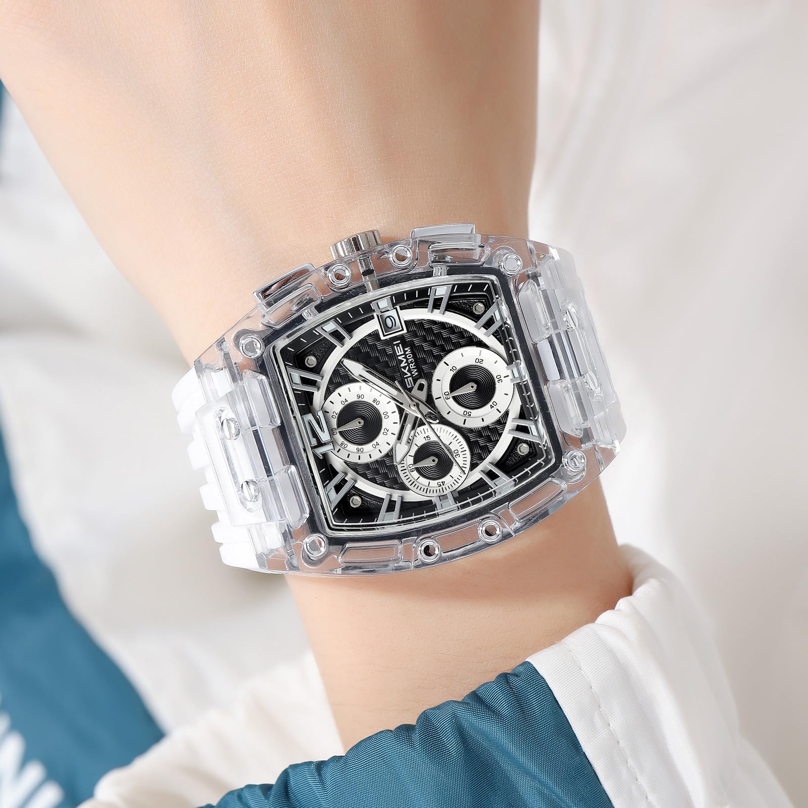 FANMIS Reloj cronógrafo para hombre, esfera rectangular transparente, reloj de pulsera de cuarzo, resistente al agua, deportivo, digital, analógico, doble visualización de hora, cronómetro con correa