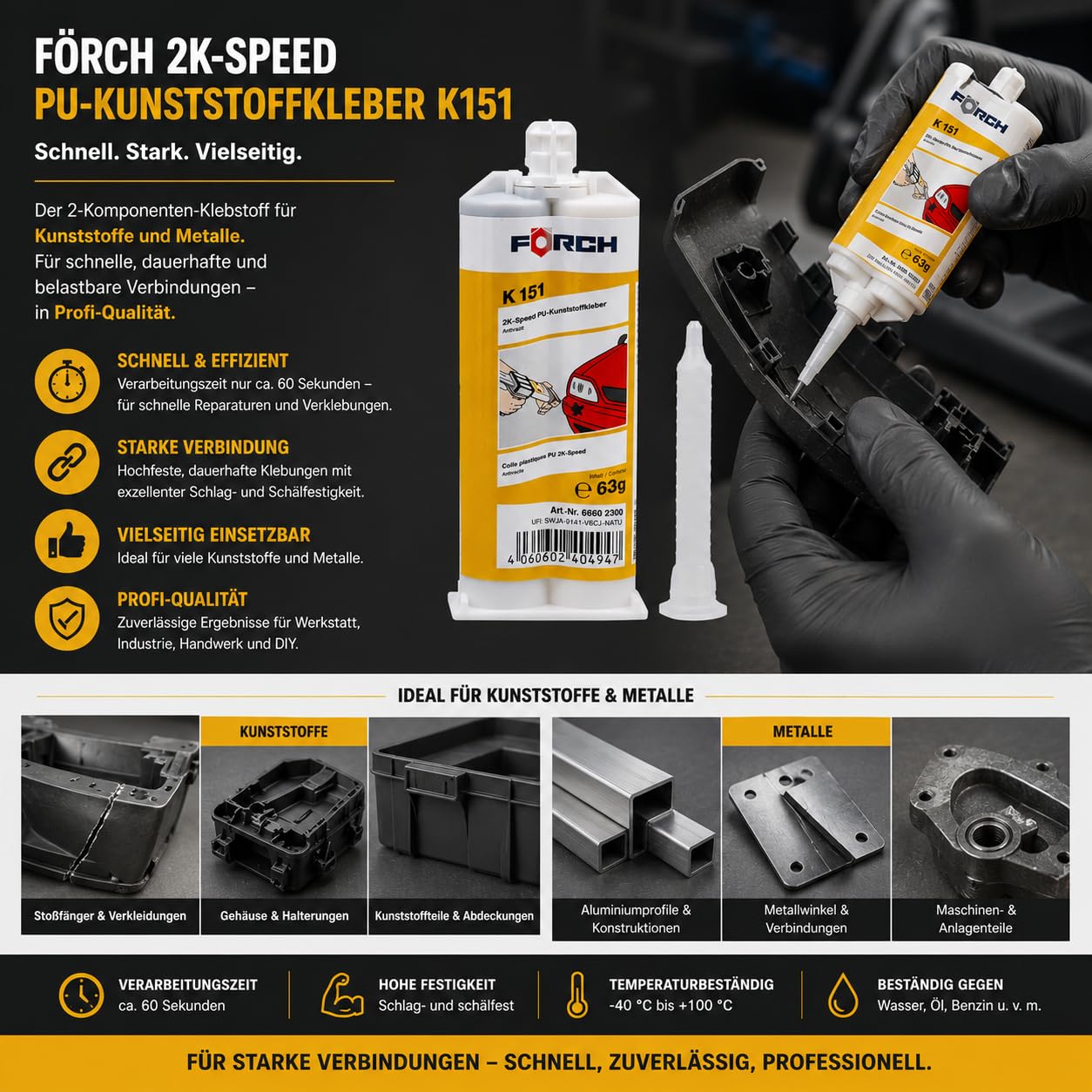 6x Förch 2K‑Speed PU Kunststoffkleber K151 – Schneller 2‑Komponenten Klebstoff für Kunststoffe & Metall