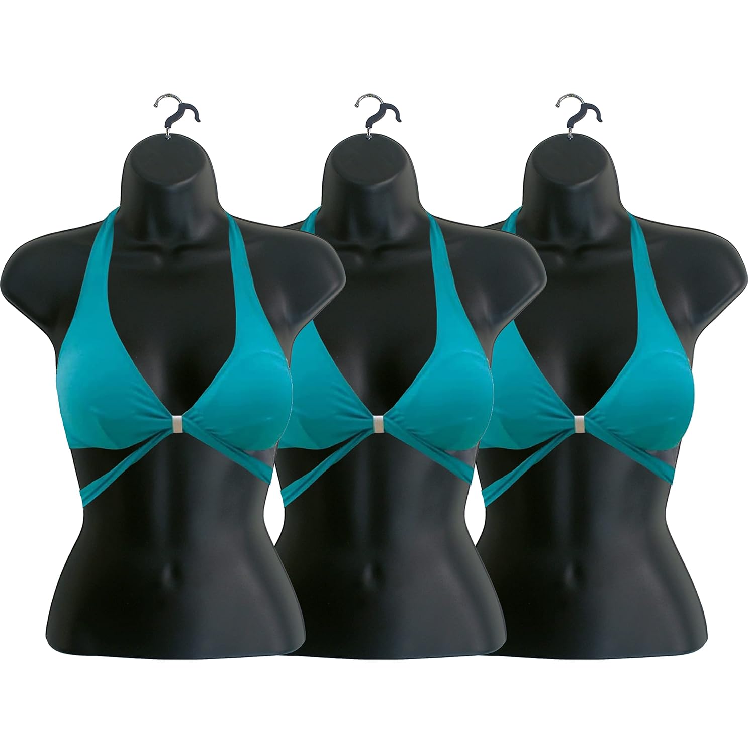 DisplayTown Female Mannequin Torso Hollow Back Body Stackable Dress Form with Hanging Hooks for Tshirt Display, Countertop, Craft Shows, Photos and Design, S-M Clothing Size (Black, Set of 3)