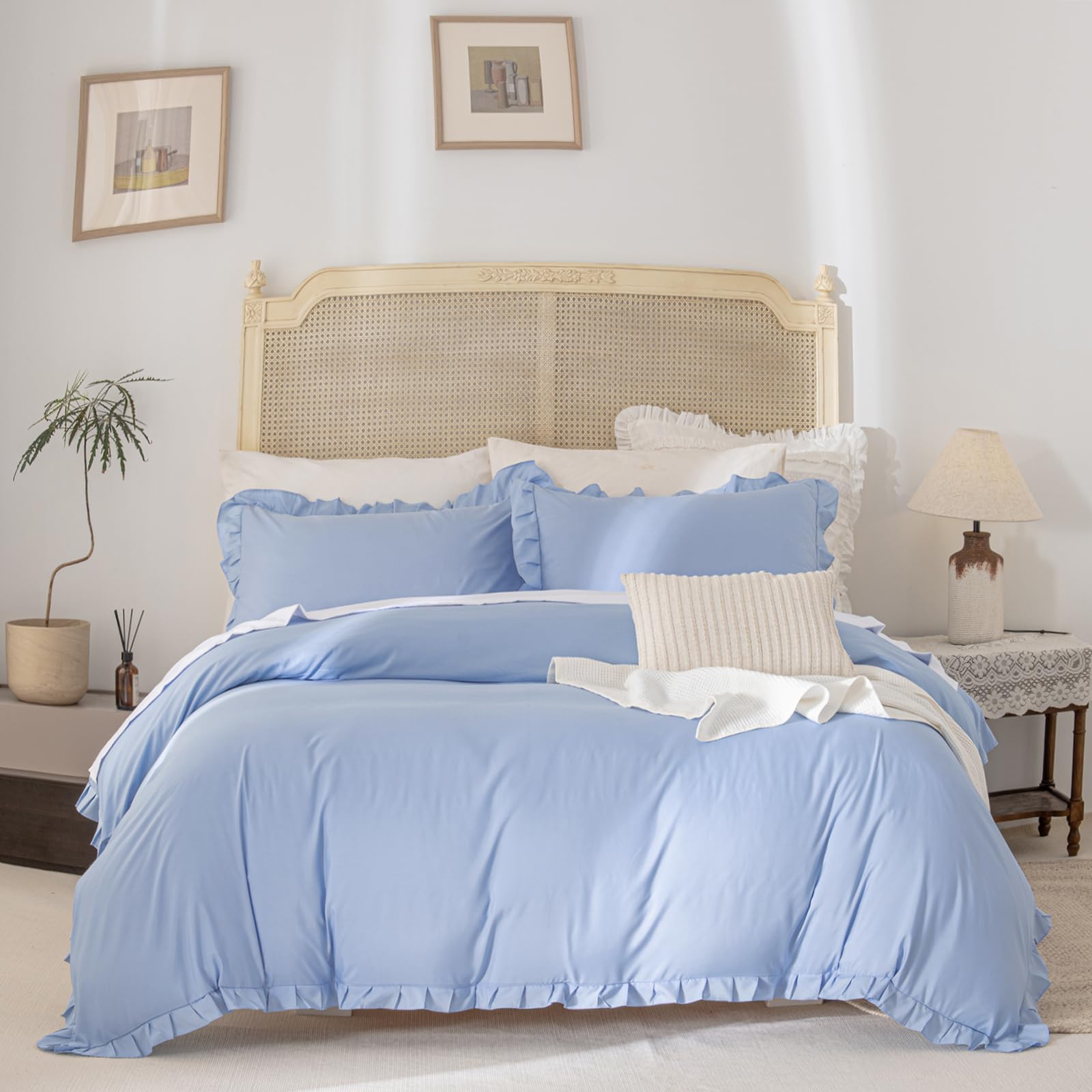 Herside Sky Blue Ruffle Duvet Cover Set Double Farmhouse Bedding Solid Ruffled Fringe Soft Microfibre Boho Bedding Sets 1 Blue Duvet Cover 2 Pillowcases (Sky Blue,Double) - Image 2
