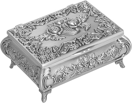 Vintage Metal Jewelry Box for Women Style 1 | Ring Earrings Necklaces Holder, Antique Design with Rose Pattern, Trinkets Keepsake Box, Gift for Desser Storage & Decor