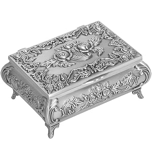 Rectangular Vintage Metal Jewelry Box with Rose Pattern Ring Earrings Necklaces Rosary Holder Case Antique Boxs Trinkets Keepsake