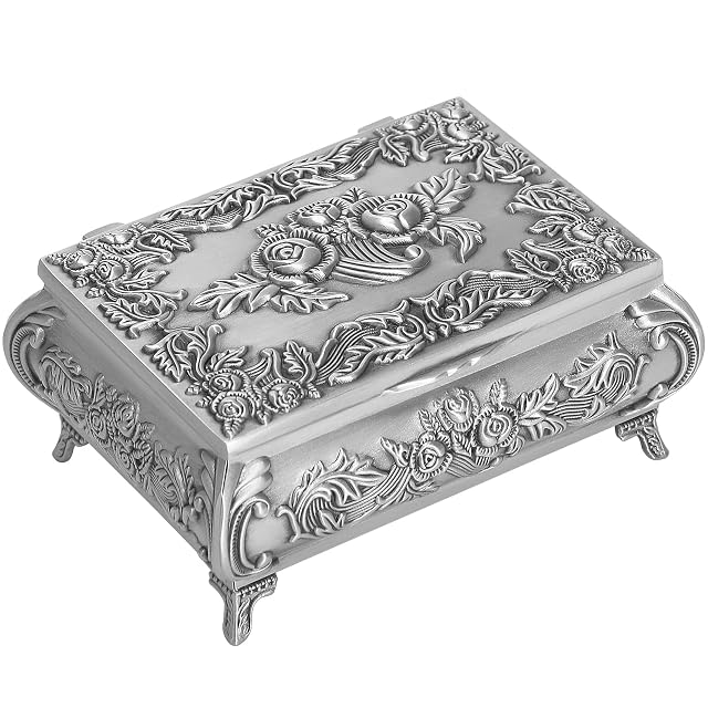 Rectangular Vintage Metal Jewelry Box with Rose Pattern Ring Earrings Necklaces Rosary Holder Case Antique Boxs Trinkets Keepsake