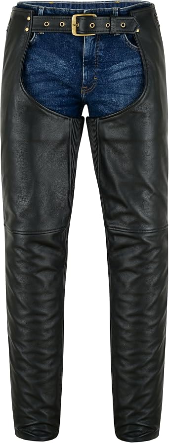Men's Leather Motorcycle Chaps Premium Cowhide, Adjustable Fit, Dual Zipper Pockets, Black Riding Gear for Bikers