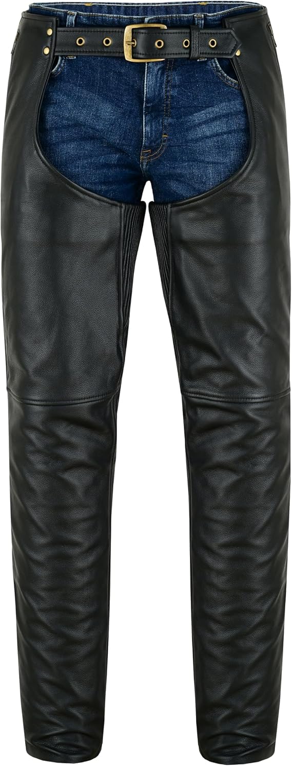 Men's Leather Motorcycle Chaps Premium Cowhide, Adjustable Fit, Dual Zipper Pockets, Black Riding Gear for Bikers