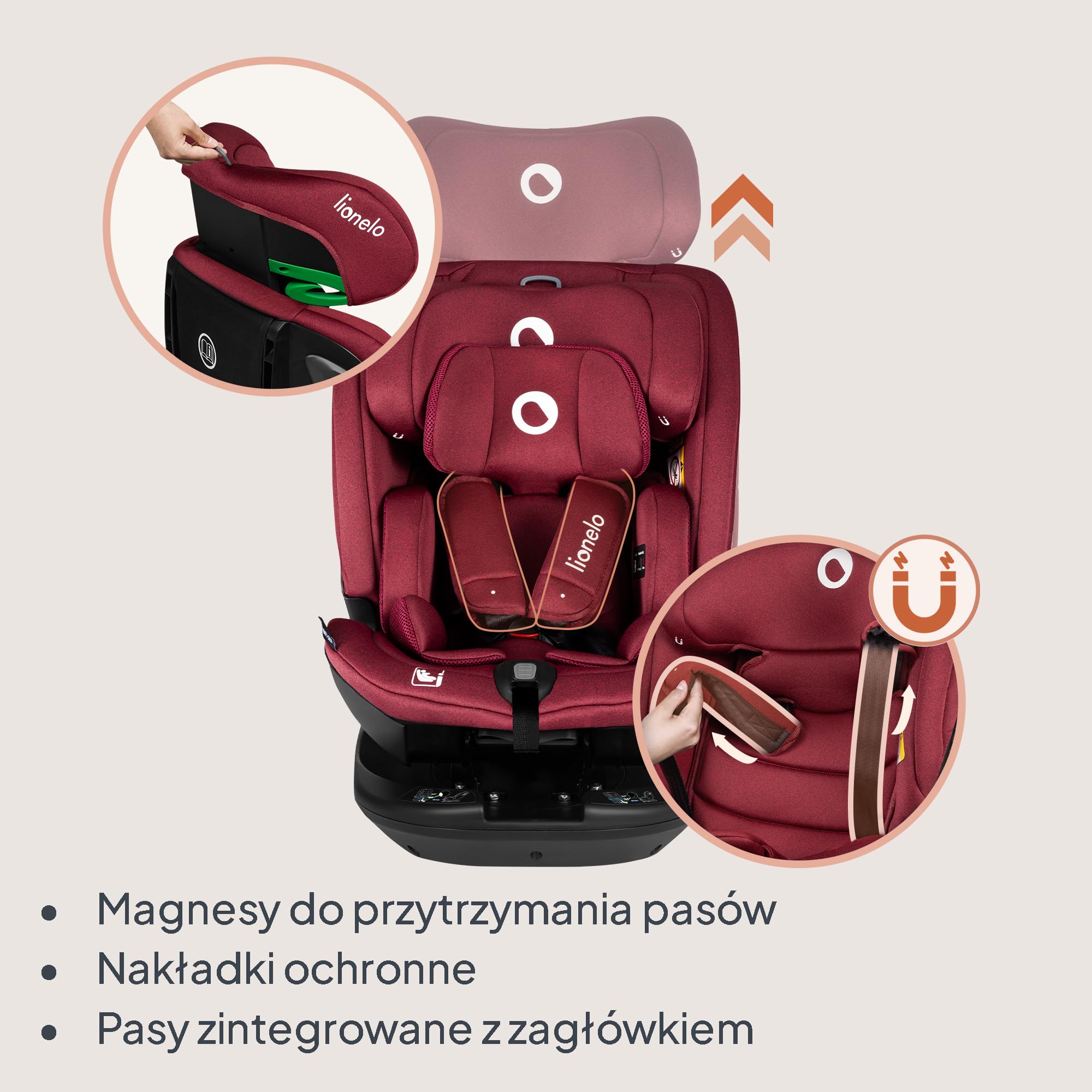 Lionelo Bastiaan RWF i-Size Isofix fotelik samochodowy dla dzieci w wieku 0-12 lat, zaawansowane standardy bezpieczeństwa i-size, obrót o 360°, ochrona boczna, opcja cofania, regulowany zagłówek i