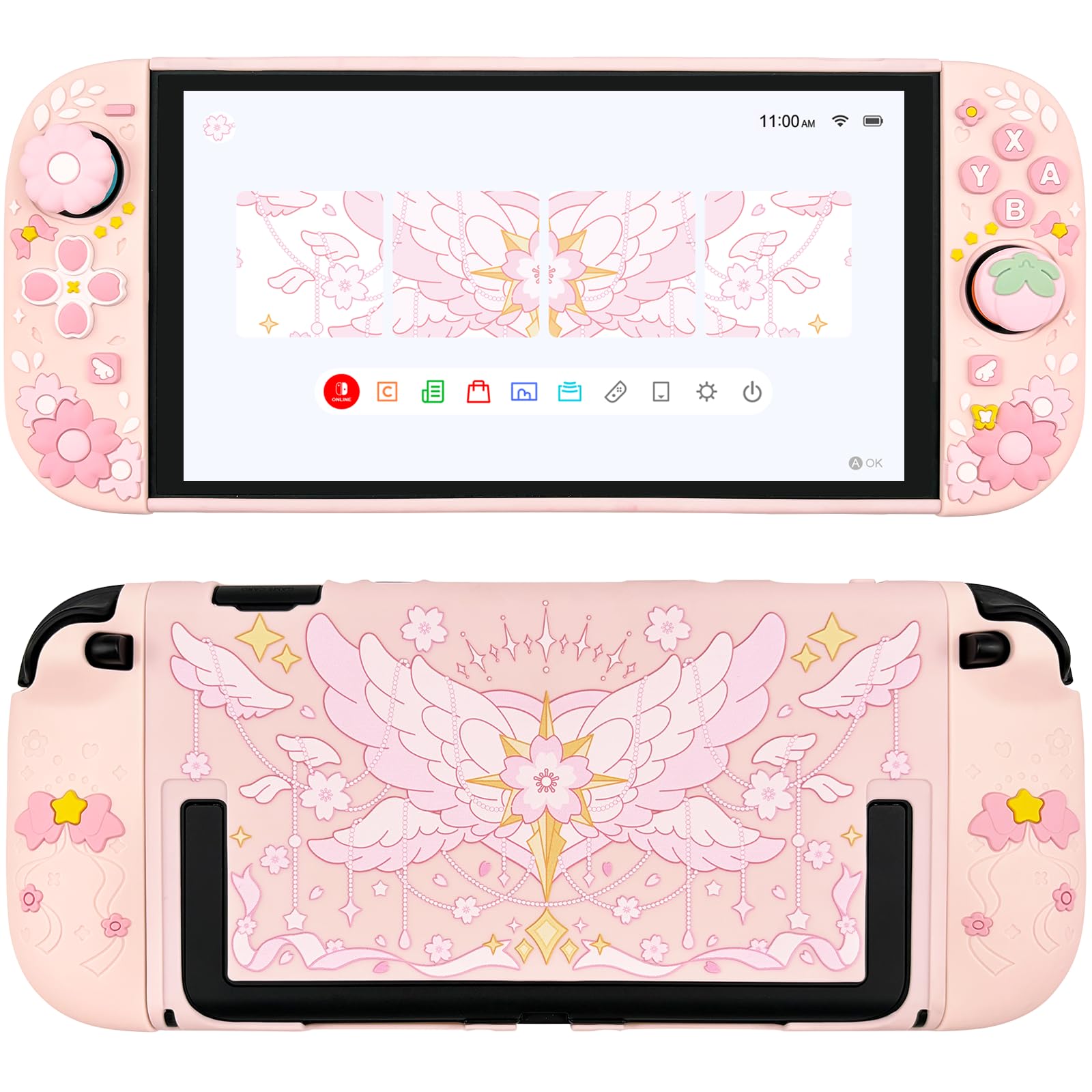 Protective Case for Nintendo Switch 2, Hard Back Shell / 2 Silicone Anti-Slip Controller Covers / 2 Joystick Caps, Cherry Blossom Design Cover, Pink
