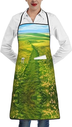 Grassland Paths Kitchen Cooking Apron, Adjustable Bib Soft Chef Apron, Stain Resistant With Pocket Locking Apron For Men And Women