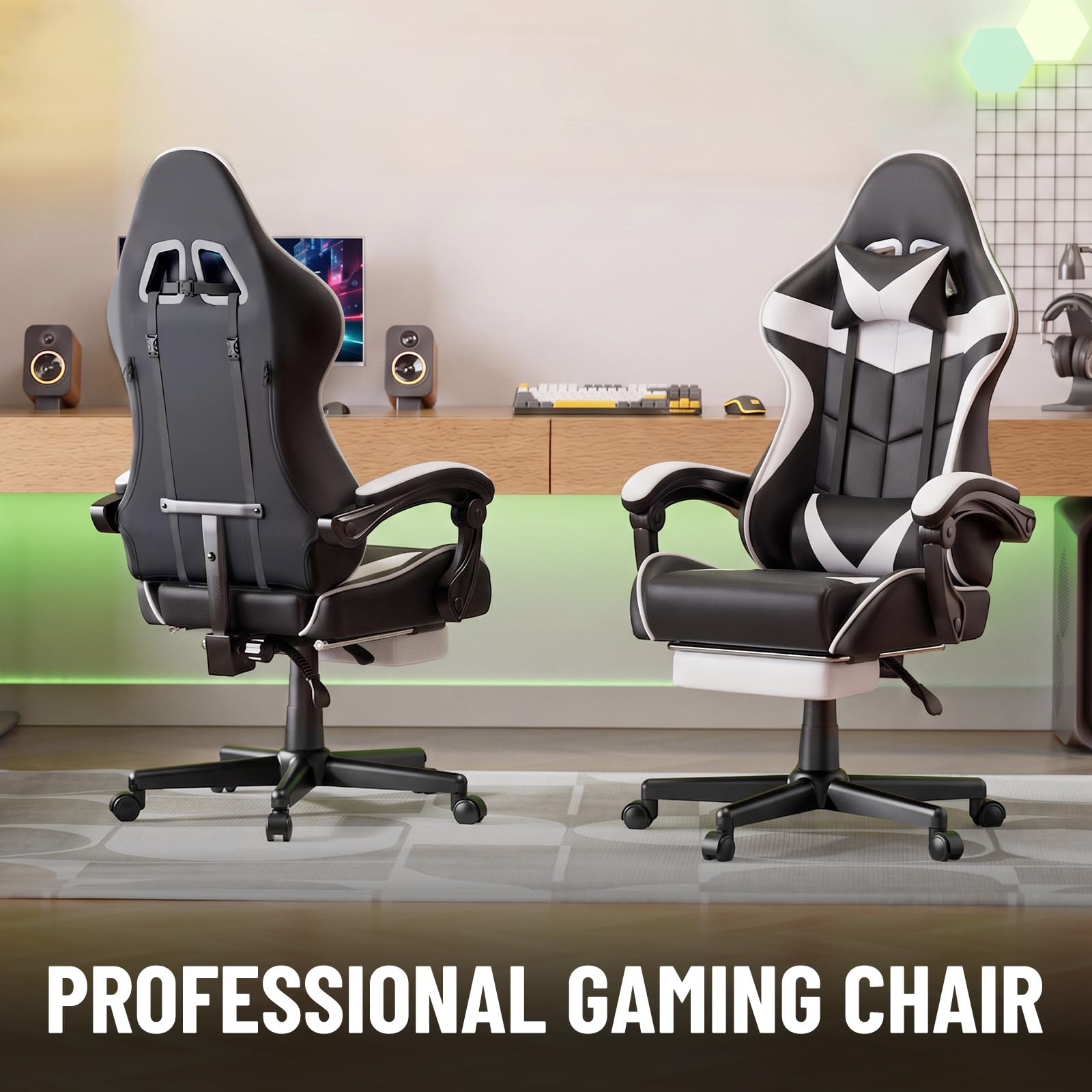 Huracan Chaise Gaming Ergonomique avec Fonction Massage, Chaise Gamer en PU Respirant, Réglable en Hauteur Siege Gaming, Accoudoirs et Repose-Pieds, Fauteuil Gamer pour Adolescents et Adultes, Blanc