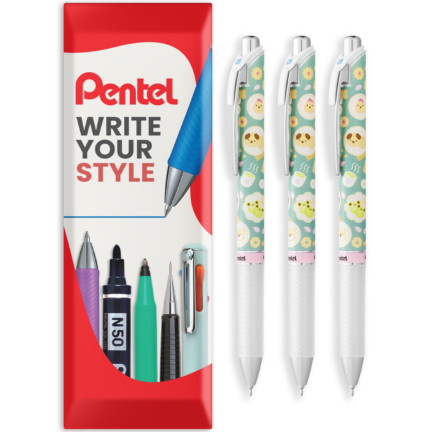Pentel EnerGel Gel Ink Retractable Rollerball Pen - BLN75 0.5mm Nib - Kawaii Onomatopoeia Limited Edition Pens - Black Ink - in Envelope Gift Packaging (Saku-Saku Pack of 3)