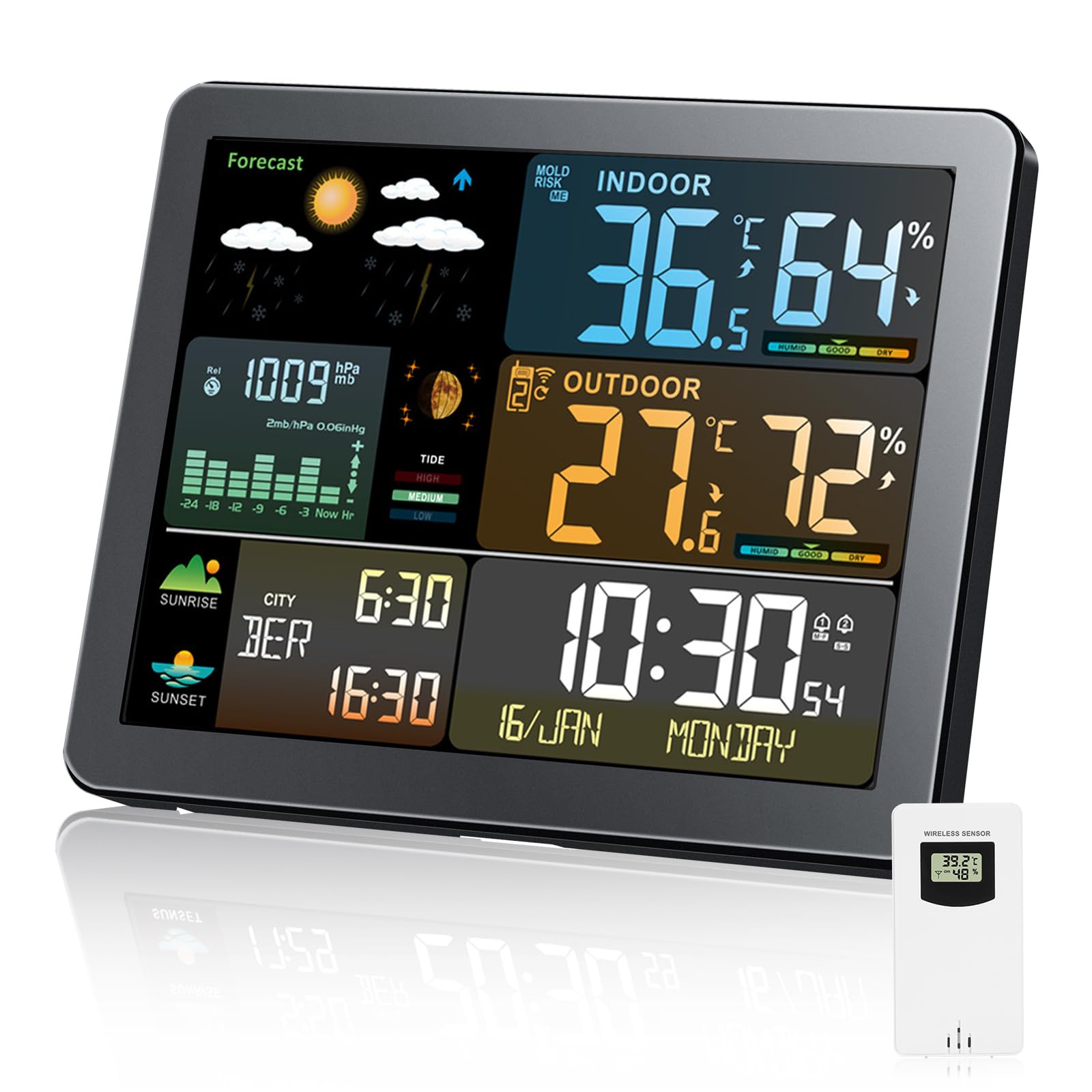 Weather Station with Atomic Clock Indoor Outdoor Thermometer Wireless, Humidity and Temperature Monitor Barometer Hygrometer with High Precision Sensor，Weather Forecast/Barometer Run Chart, Moon Phase
