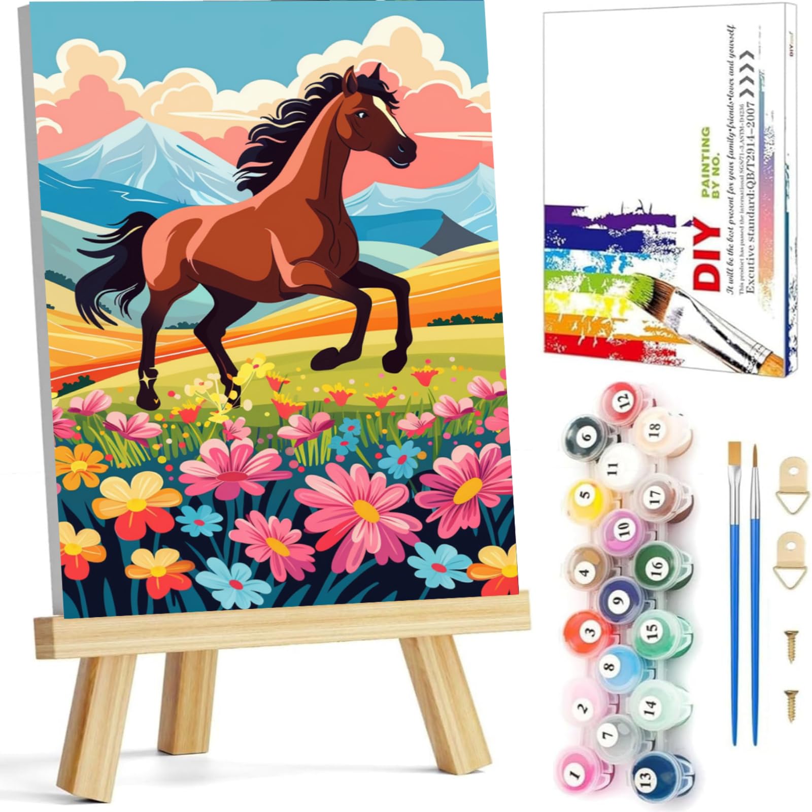 Arttoplus Horse Paint by Numbers Kit for Children with Framed- Easy Paint by Numbers for Kids Ages 4-8-12 with Wooden Easel, Acrylic Oil Painting by Number Kid for Gift Home Decor(8x12 inch)