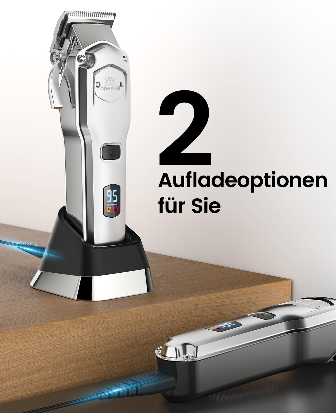 oneisall Leise Hundeschermaschine mit Metall-Führungskamm, Schermaschine Hund profi kabellos, Hochleistungs Tierhaarschneidemaschine für Dickes/Lockiges/Feines/Langes/Gewelltes Haar (Silber)