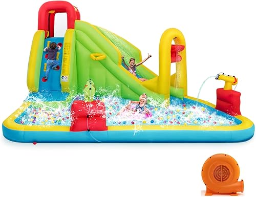 Miniatura 1 de HONEY JOY Toboganes acuáticos inflables, castillo inflable 7 en 1 para niños con pared de escalada y toboganes largos, piscina grande y 2 cañones de