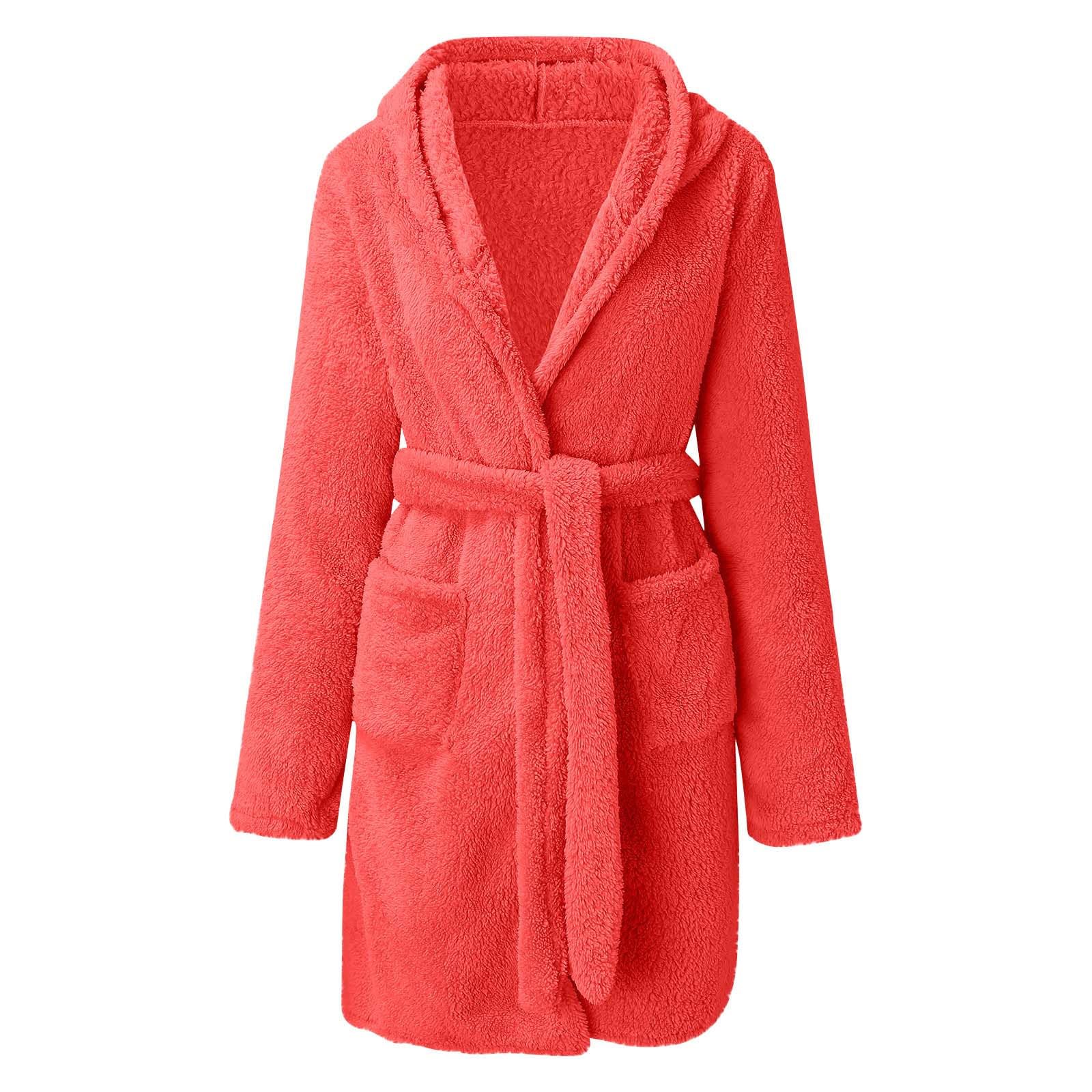 Bata de Baño Roja Lisa para Mujer, Cómoda y Suave Bata de Franela de Manga Larga con Capucha, Acogedora y Esponjosa, Cálida y con Bolsillos para El Invierno.