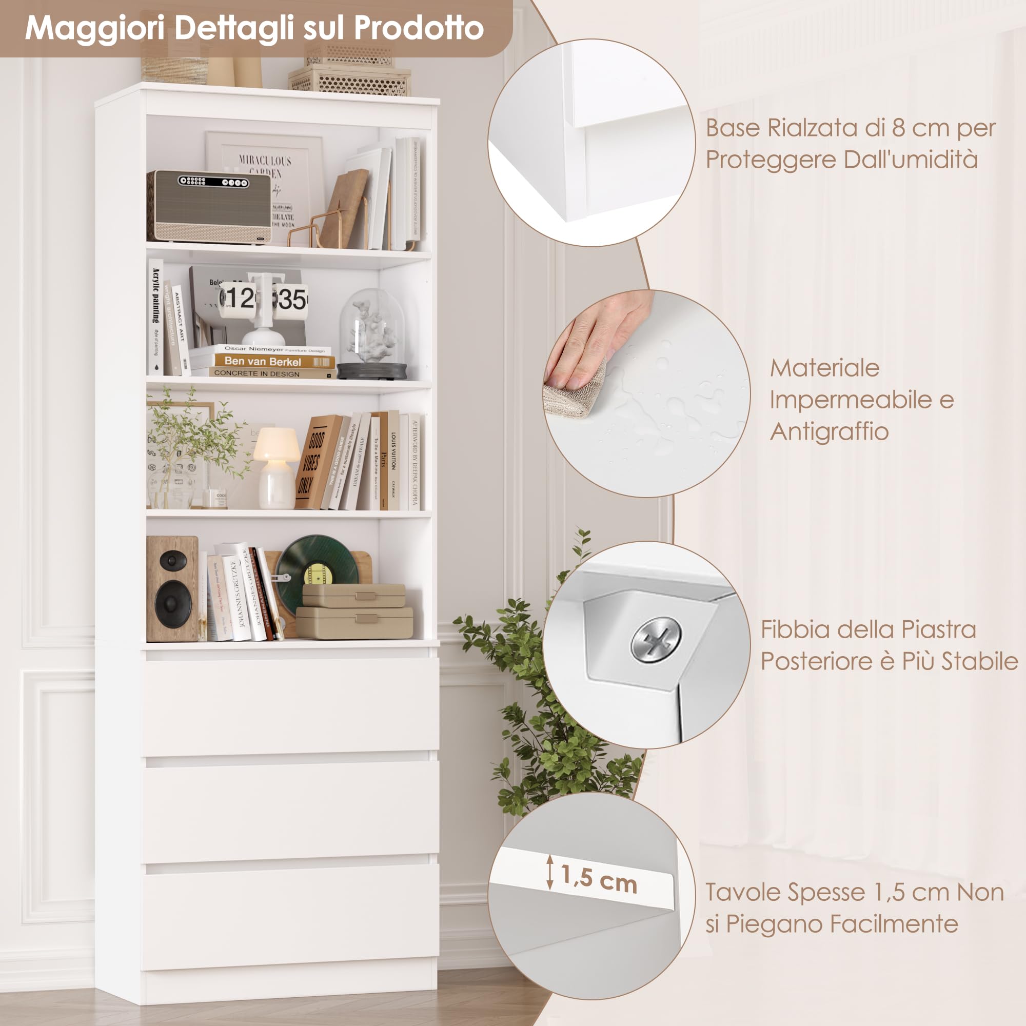 FirFurd 202 cm Libreria, Libreria Verticale con 4 Scomparti Aperti, Bianco | Scaffale Salvaspazio con 3 Cassetti Scorrevoli,Librerie con Ripiani Regolabile,per Studio, Ufficio, Soggiorno,60x35x202 cm