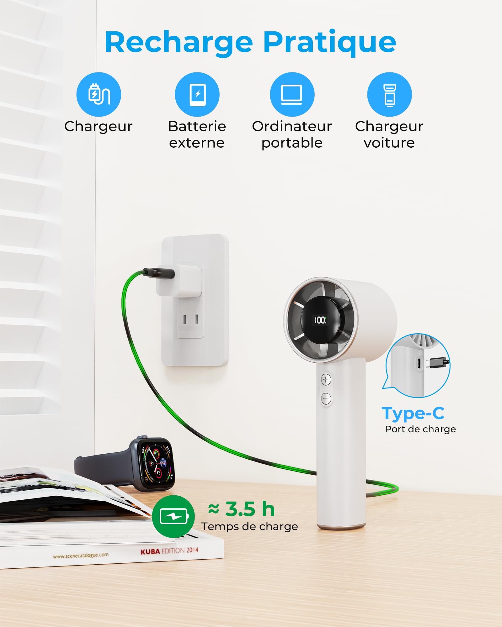 Mini Ventilateur Portable à Main - 3000mAh Petit Ventilateur de Table USB,1-199 Vitesses,Jusqu'à 13H d'Autonomie,Écran LED,Batterie Rechargeable,Fan sans Fil pour Intérieur Extérieur,avec Lanière - 5