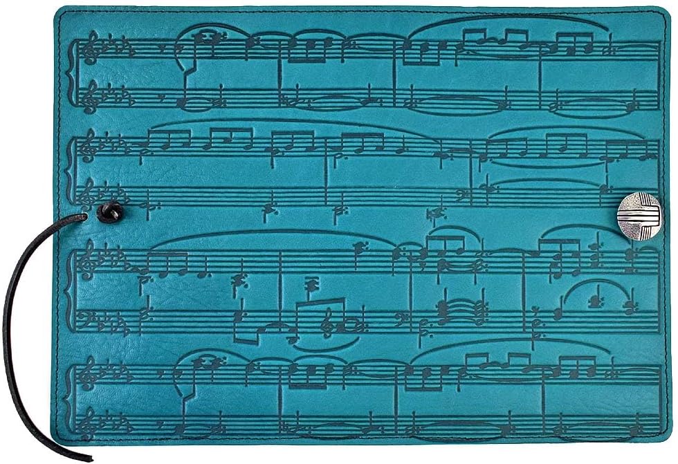 Modern Artisans Music Score American-Made Embossed Leather A5 Writing Journal Cover in Teal-Blue, 6 x 9-inch + Refillable Hardbound Insert Book