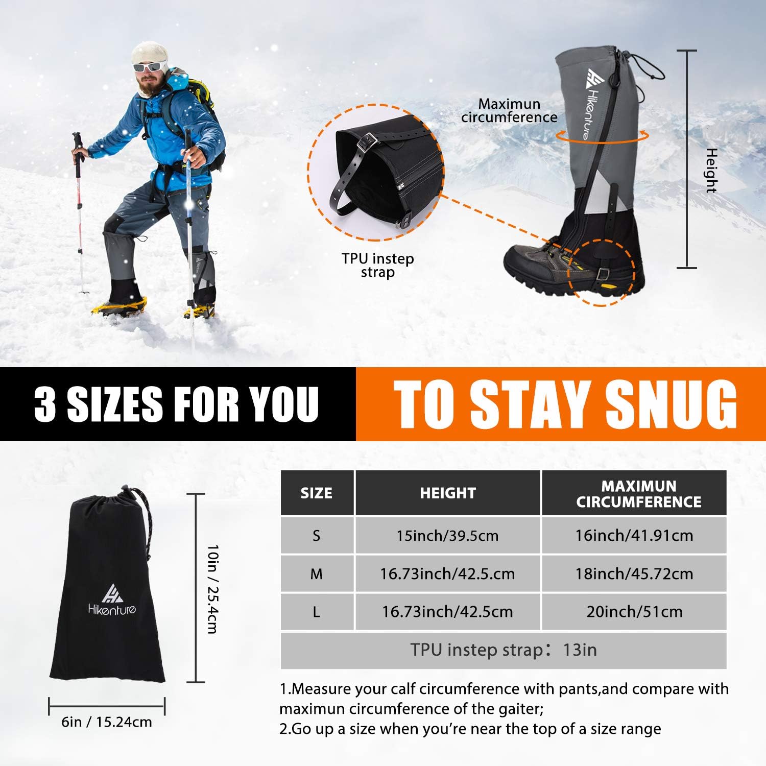 Hikenture Leg Gaiters with Waterproof Zipper, Anti-Tear Water-Resistant Hiking Gaiters, Breathable Shoe Gaiters for Men & Women, Adjustable Snow Boot Gaiters for Hiking, Hunting, Skiing, Running : Sports & Outdoors