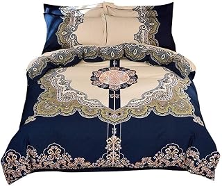 HOUMEL Bedding 4 Piece Bed Sheet Set - Cotton Flower Pattern Quilt Cover, Flat Sheets With Pillowcases Thicken For Autumn And Winter (Color : Dark blue, Size : King)