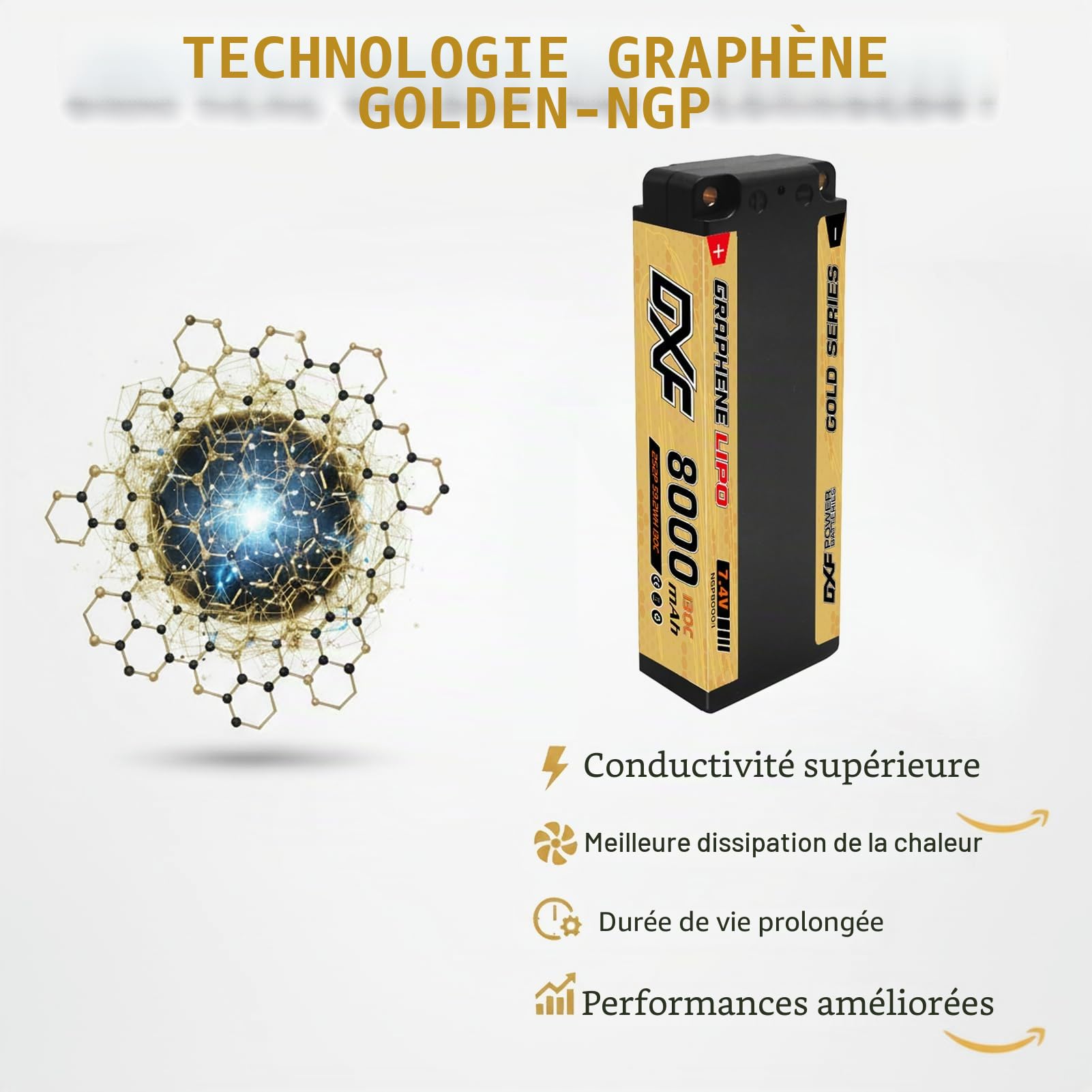 DXF Batterie LiPo 2S 8000mAh 7.4V 130C 5mm NGP Deans T-Plug pour Voiture RC - Pack Lithium Polymère Haute Performance Décharge Rapide pour Modèles Radiocommandés 1/8 1/10 Échelle Buggy Truck Racing
