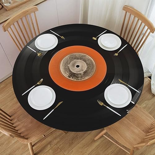 Miniatura 3 de Mantel redondo con estampado de discos de vinilo vintage, mantel redondo impermeable con borde elástico, se adapta a mesas redondas de hasta 40 a 50