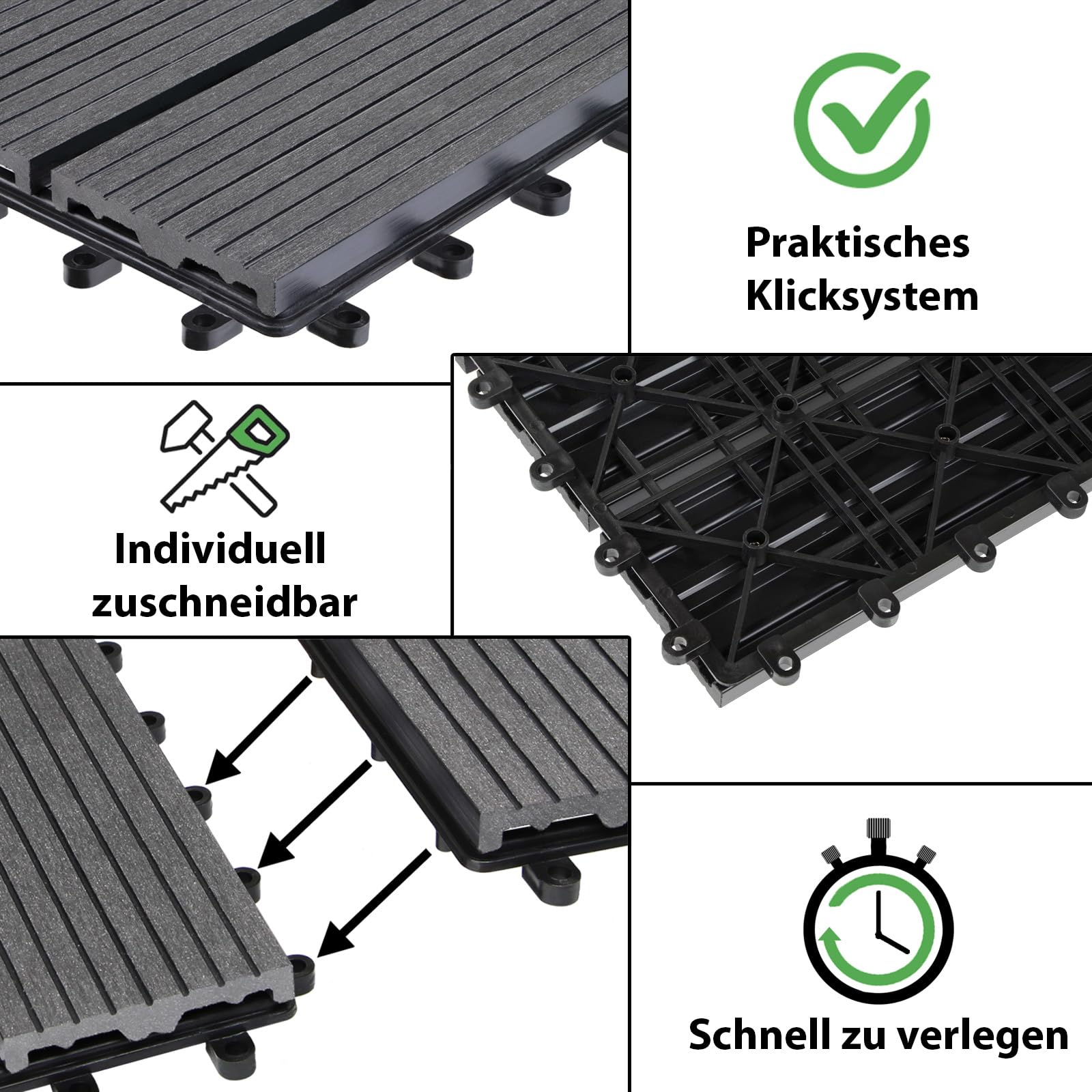 Montafox WPC Fliesen 30 x 30 cm 22 Stück / 2m² Grau Terrassenfliesen Klicksystem Fliese Holzoptik Bodenbelag Klickfliesen Terrasse Balkon, Größe (Fläche):2 m² | 22 Fliesen, Farbe:Grau