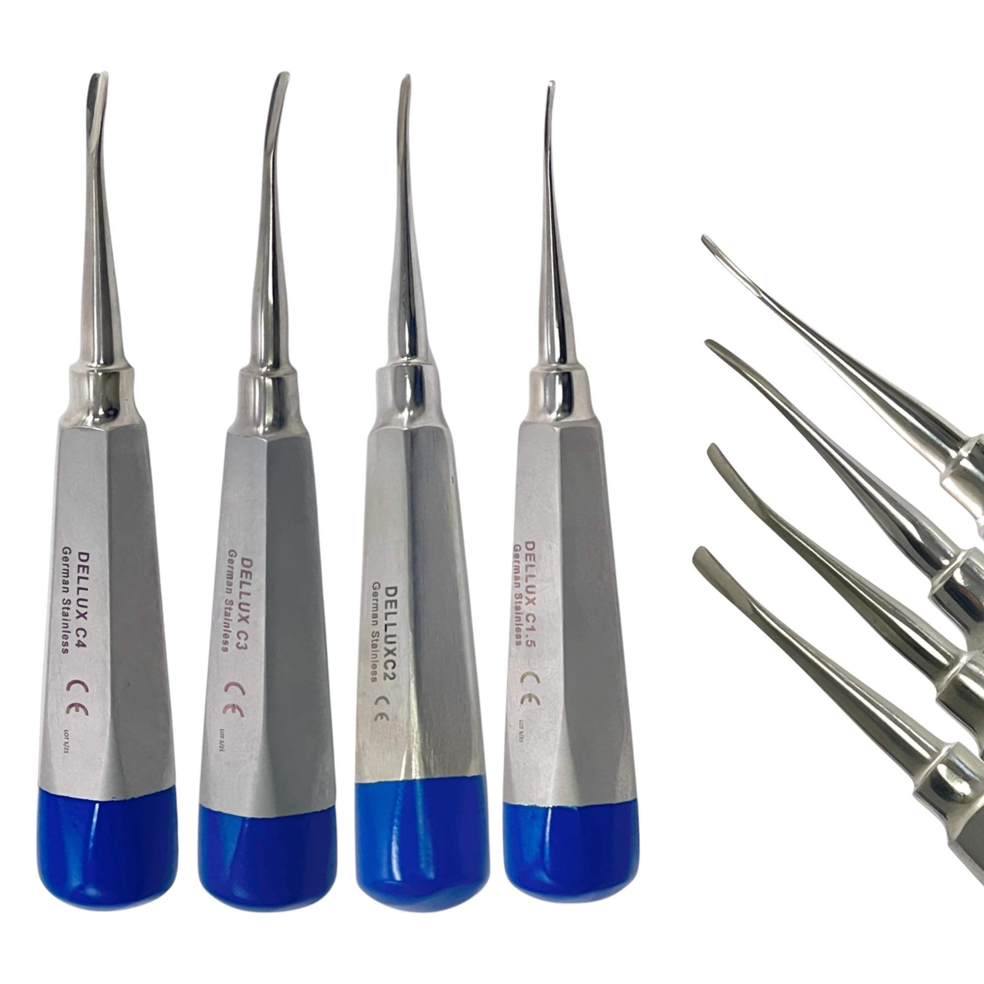 Dental Apical Elevator Set - Curved Tip Luxating Picks - 1.5mm+2mm+3mm+4mm | Blue Hollow Handle - Autoclave-Safe German Stainless Steel (Set of 3pcs)