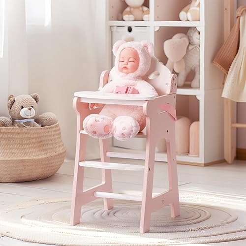 ROBUD Silla alta de muñeca de bebé, silla alta de juego de simulación con cinturón de seguridad, accesorios de muñeca de madera rosa con mesa móvil,