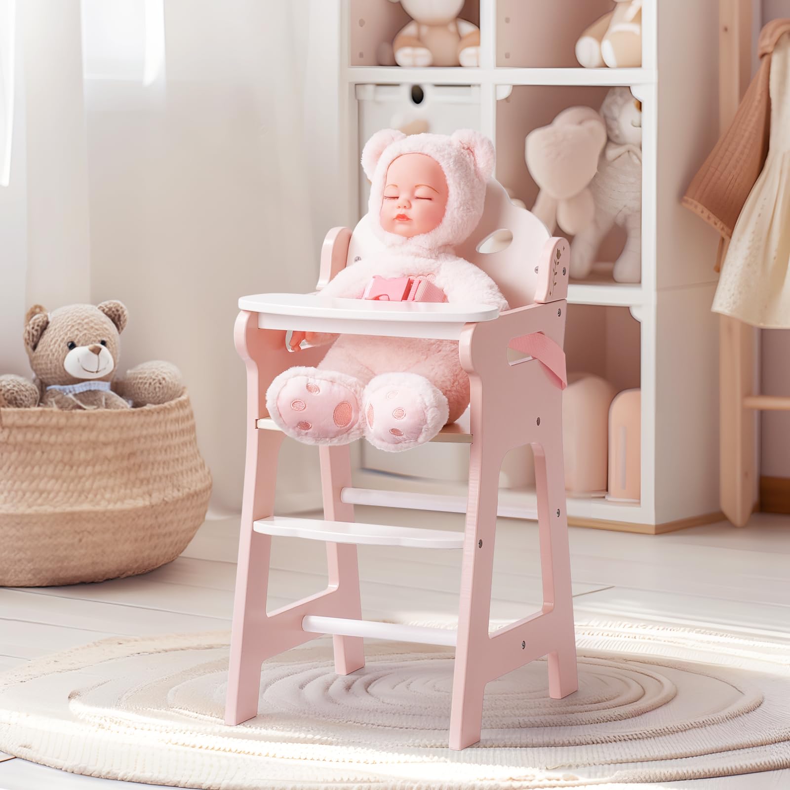 ROBUD Baby Doll High Chair, Pretend Play High Chair with Seat Belt, Pink Wooden Baby Doll Accessories with Movable Tabletop, Fits 18-20 Inch Dolls
