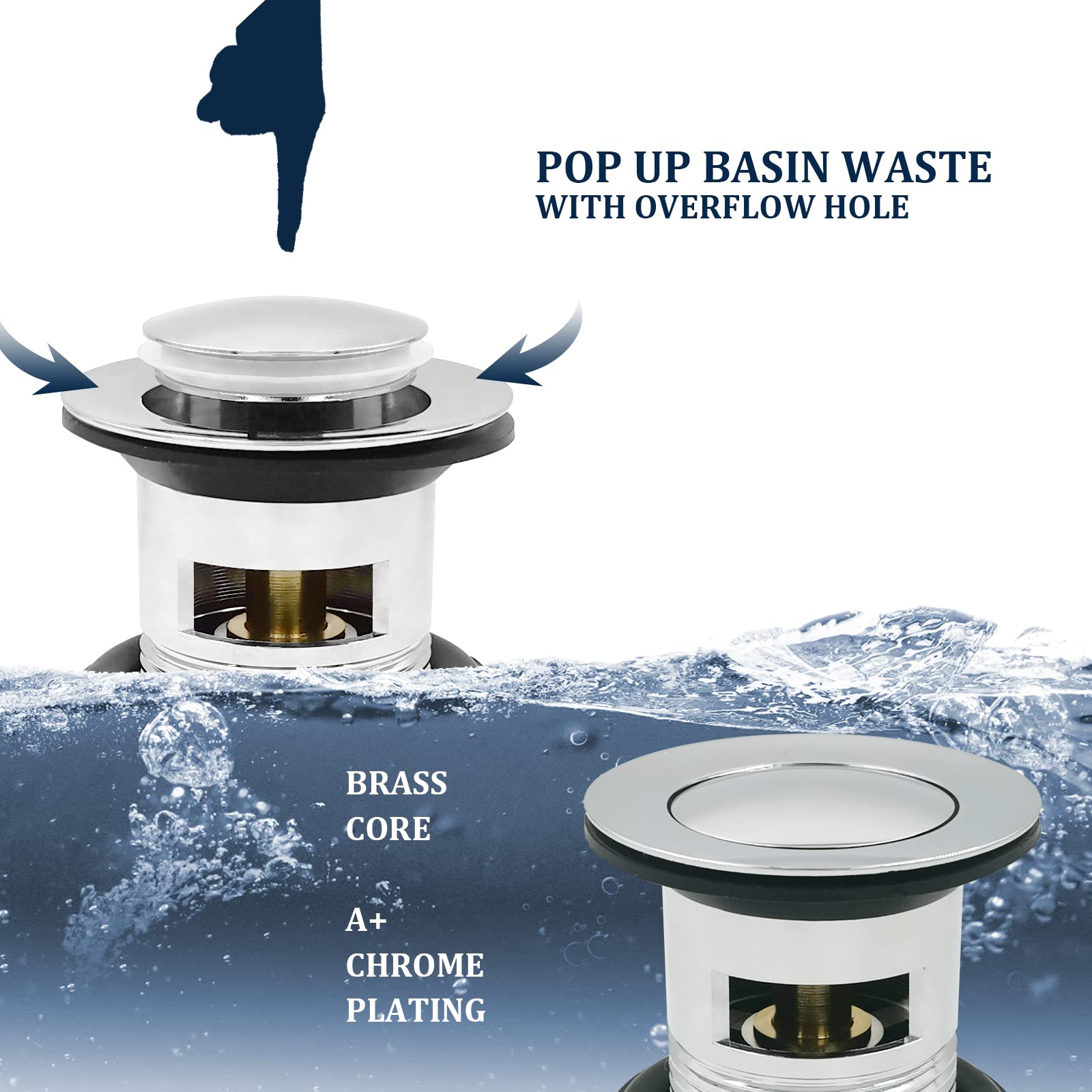 Cascade 612M Robinets de lavabo carrés avec bonde pop-up monobloc en laiton chromé avec vidage