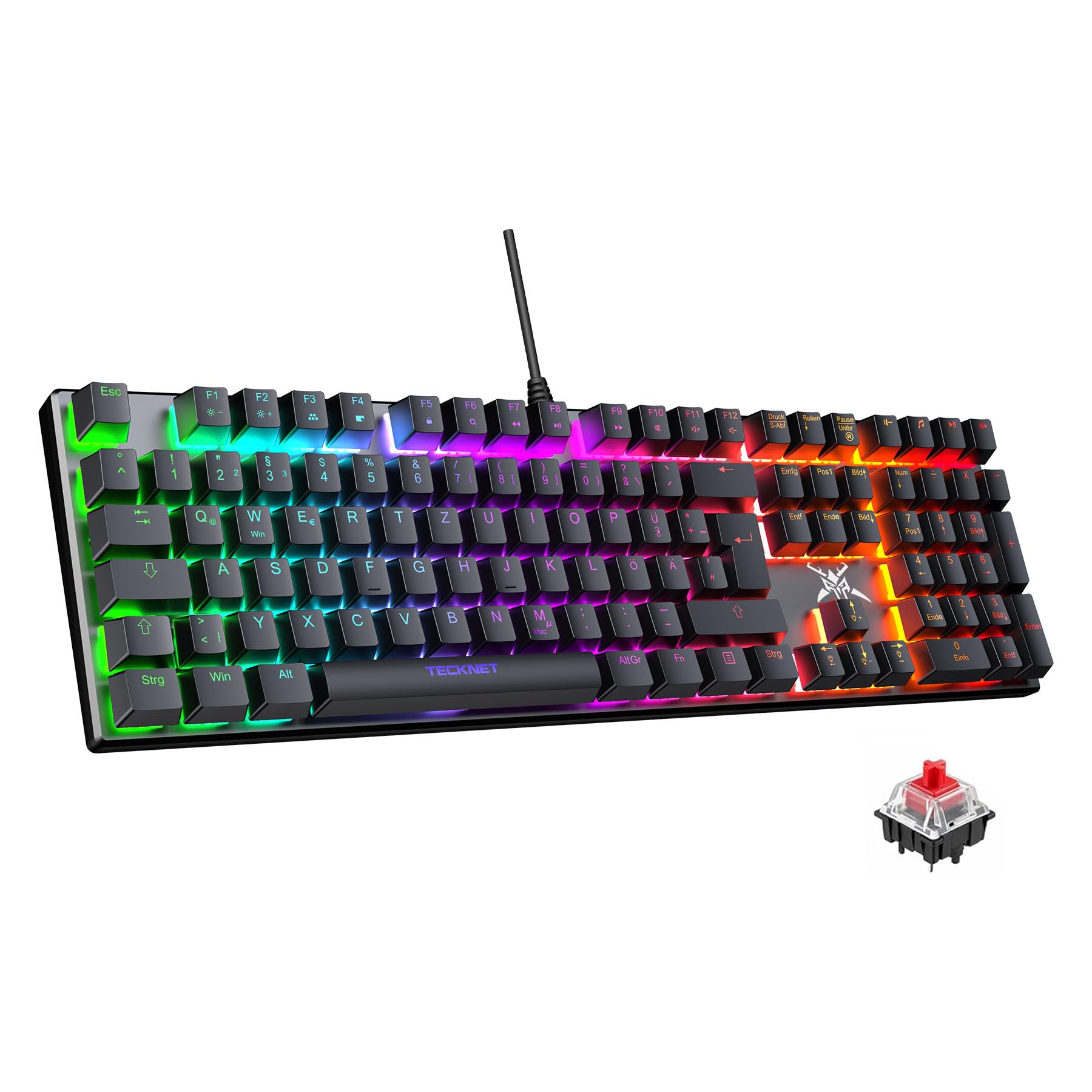 TECKNET Mechanische Gaming-Tastatur, QWERTZ-Tastatur (Deutsches Layout), roten Schaltern für Gamer & Büro, 109 Tasten kabelgebundene programmierbare Tastatur, Anti-Ghosting, 24 LED-Beleuchtungsmodi