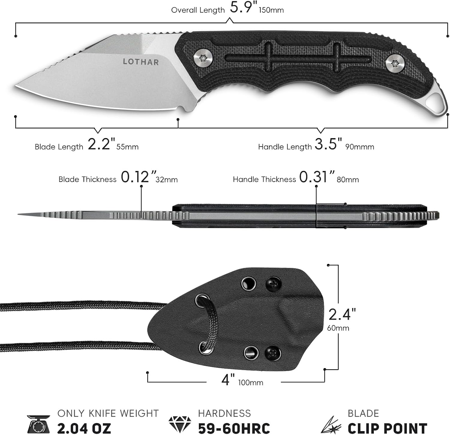 LOTHAR BEAVER EDC Fixed Blade Knife, Small Survival Knife with 2.2" 14C28N Steel Blade & Kydex Sheath, Adjustable Horizontal Vertical Carry for Camping, Hiking, Hunting, Everyday Carry
