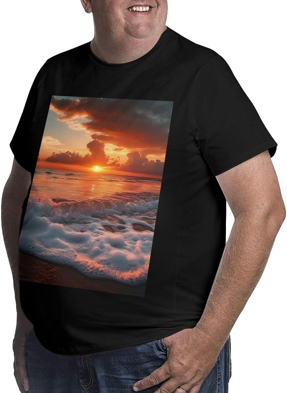 T-Shirt Plus Size Heavyweight T Shirt for Men Big and Tall Tshirts | The Beach Sunset Oversized Tshirts For Men Short Sleeve Upf 50+ Sun Protection T-Shirt For Casual & Daily Wear