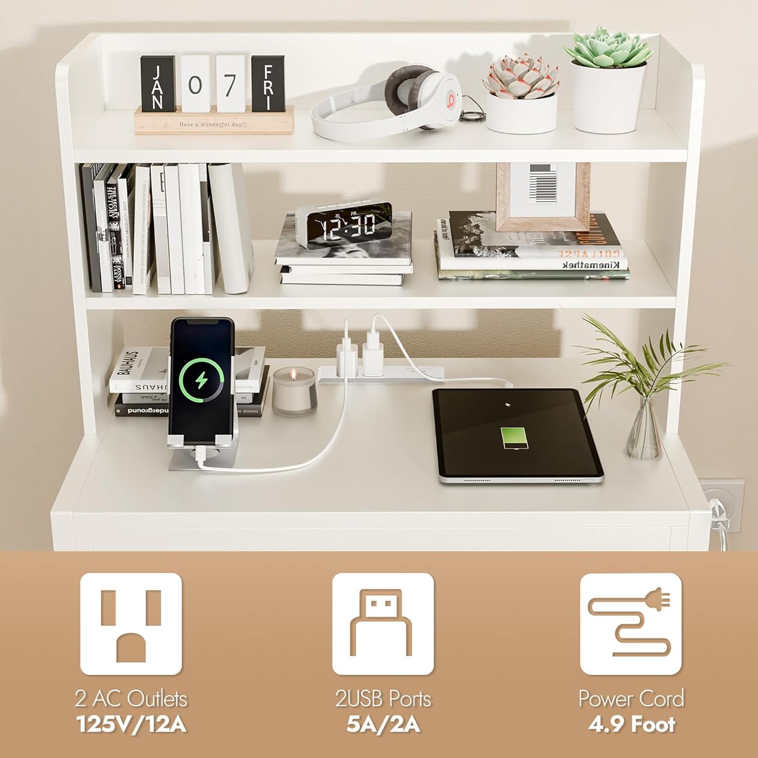 24 Inch Wide Night Stand, Large Wooden Night Stand with 2 Adjustable Drawes, Tall Nightstand with 4-Tier Shelves and Charging Station, Bedside Table for Living Room/Bedroom/Office, White.