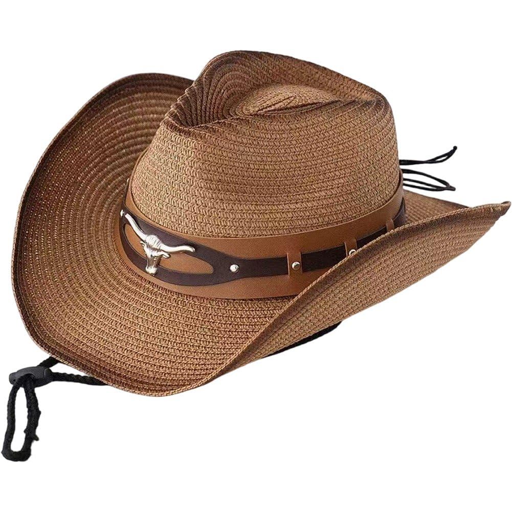 Sslvya Straw Cowboy Hat for Women Men, Outdoor Western Sun Hat Wide Brim Cowgirl Cap for Beach, Travel, Hiking, Sun Protection