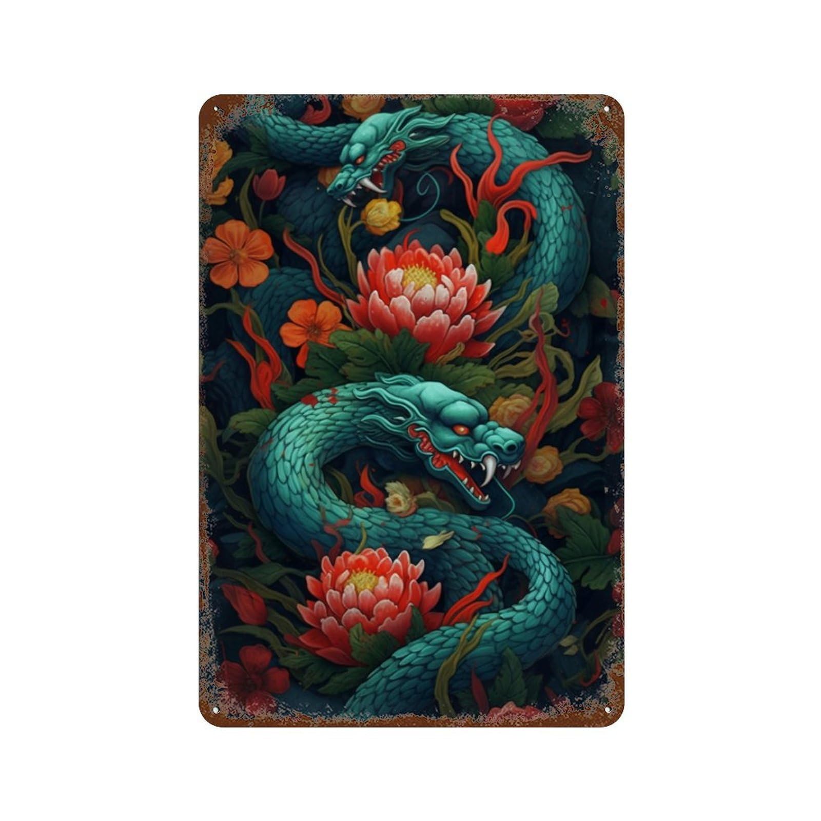 Garage Style Dragon Serpent with Flowers Decorative Tin Sign 11.8"x7.9", Retro Wall Decor for Bar And Workshop