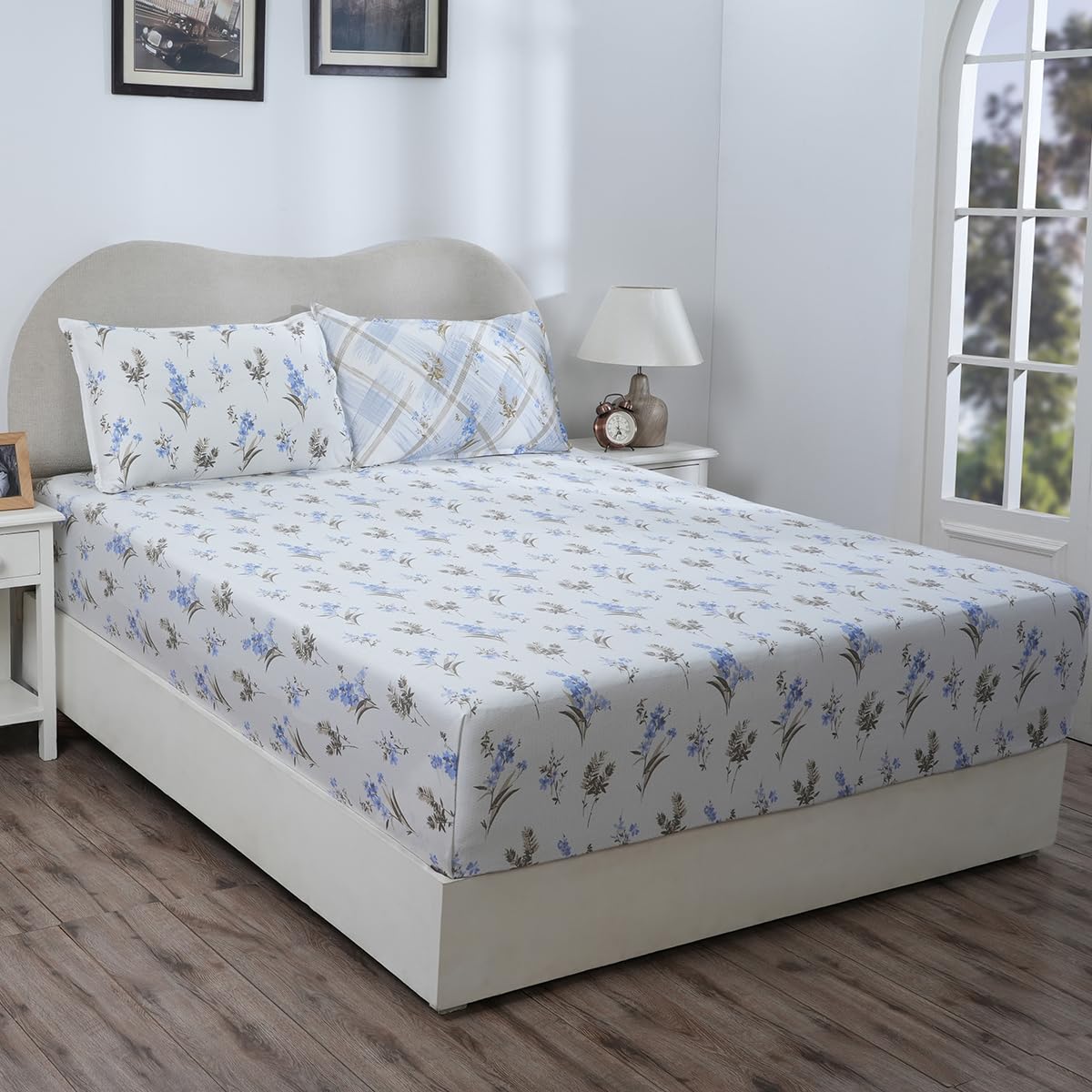 maspar Hermosa Eclectic Garden Maeve Printed Blue Single Fitted Sheet with Pillow Case