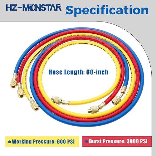Miniatura 3 de Tubo de mangueras de carga de CA, manguera de carga de refrigerante de 60 pulgadas, rosca SAE de 14 de pulgada, se adapta a R12 R22 R502 Kit de