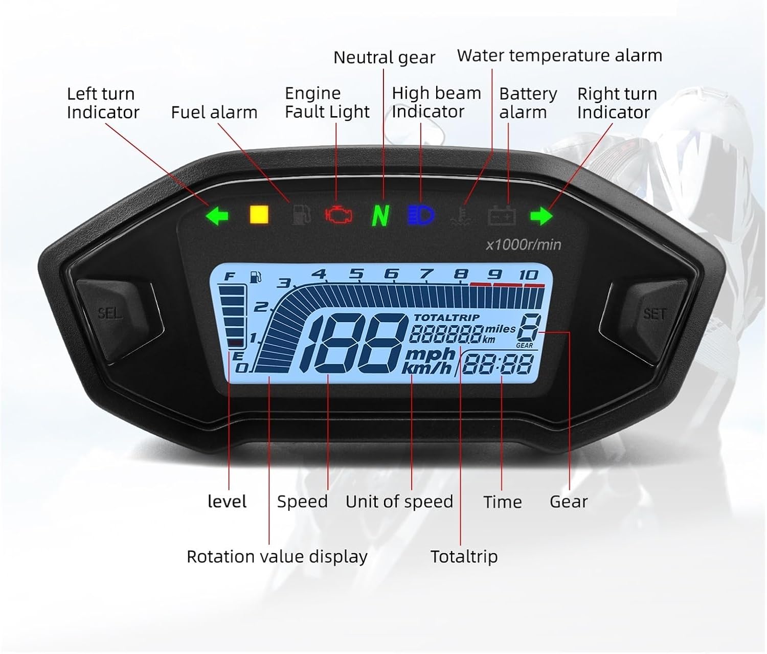 Odometer Speedometer Digital Speedometer Universal Motor Tachometer Instrument Cluster Turn Signal Light Indicator Voltmeter Oil Gauge