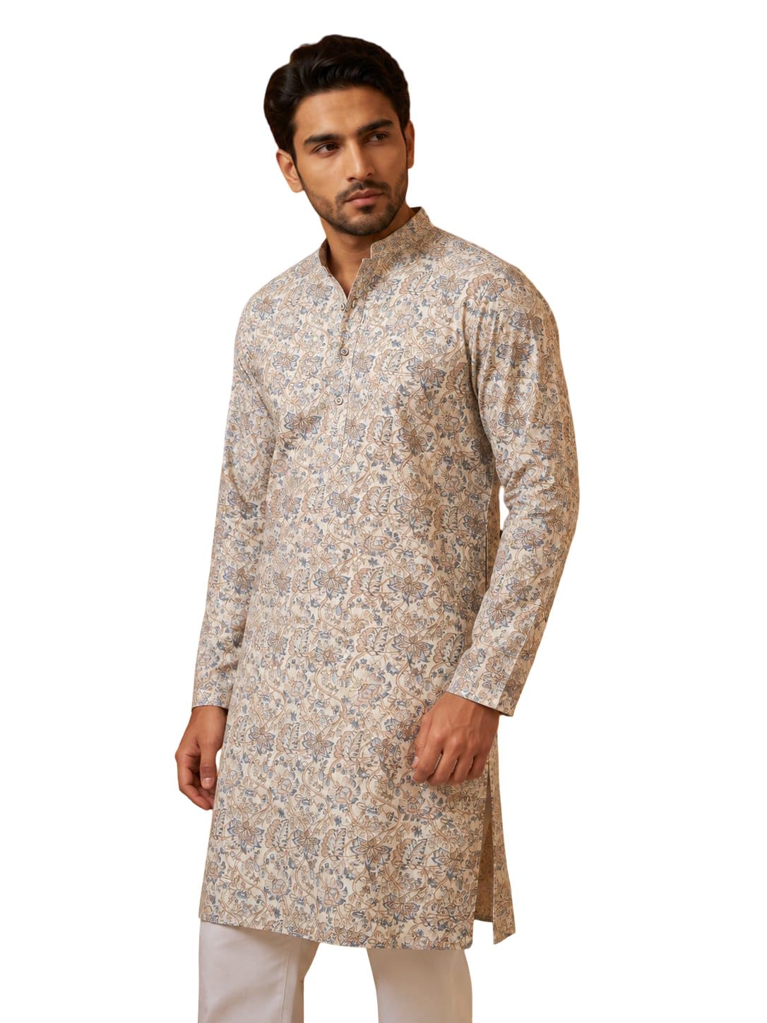 Men’s Floral Printed Cotton Blend Kurta for Men | Stylish Ethnic Wear Long Kurta with Mandarin Collar | Festive & Casual Traditional Kurta for Wedding, Party-image-46