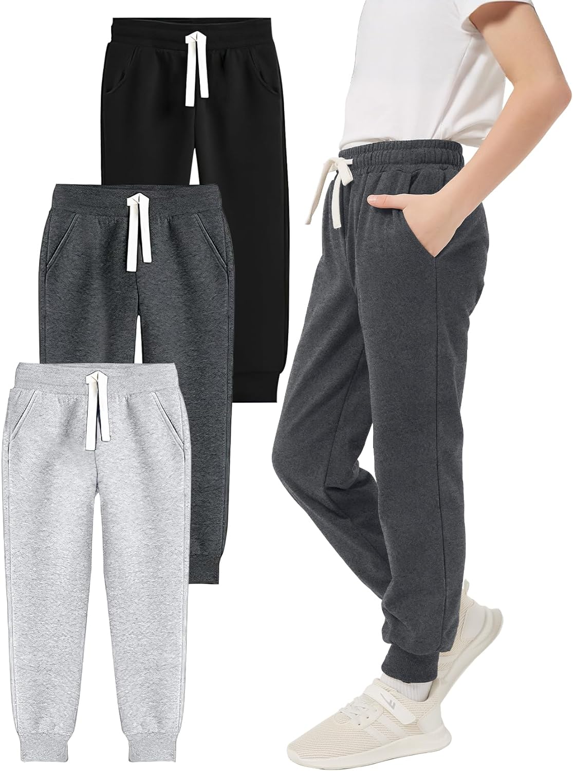 PEHMEA 3 Pack Boys Girls Sweatpants Kids Cotton Active Jogger Pull On Athletic Pants with Pockets Drawstring for School Sport