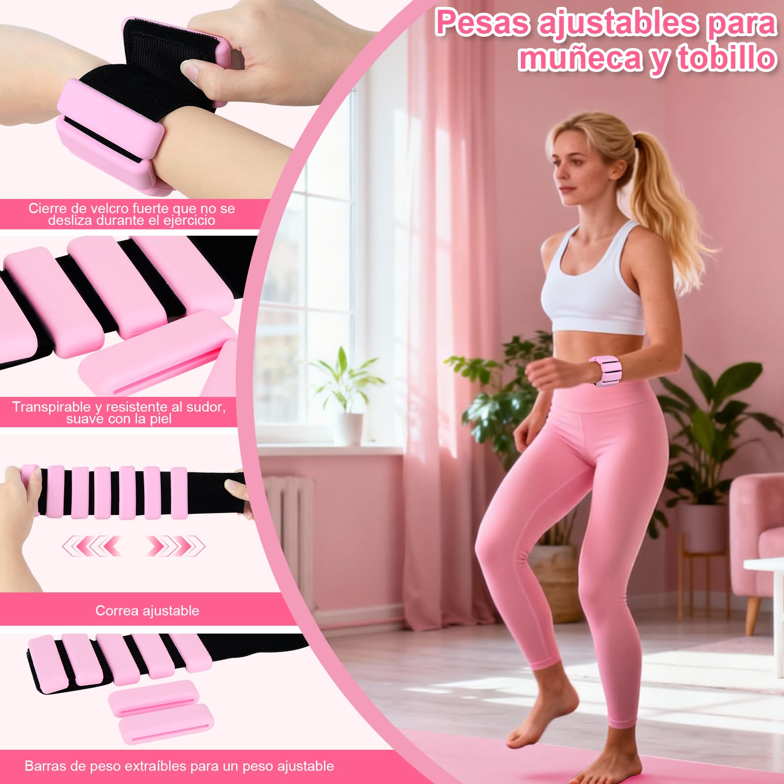 Kit Pilates, 14 piezas Rosa Kit Pilates en Casa Completo para Casa con Aro, Pelota, Calcetines Antideslizantes, Pesas para Muñecas Ajustables y Bandas de Resistencia – Equipo de Fuerza y Yoga