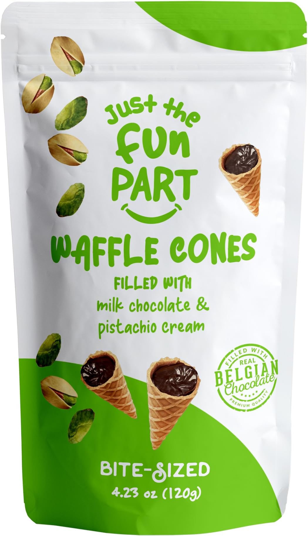 Just The Fun Part, Bite-Size Crispy Mini Waffle Cones with Premium Belgian Chocolate, Great for Snacks, Dessert, Grab & Go - Kosher (Milk Chocolate & Pistachio Cream)