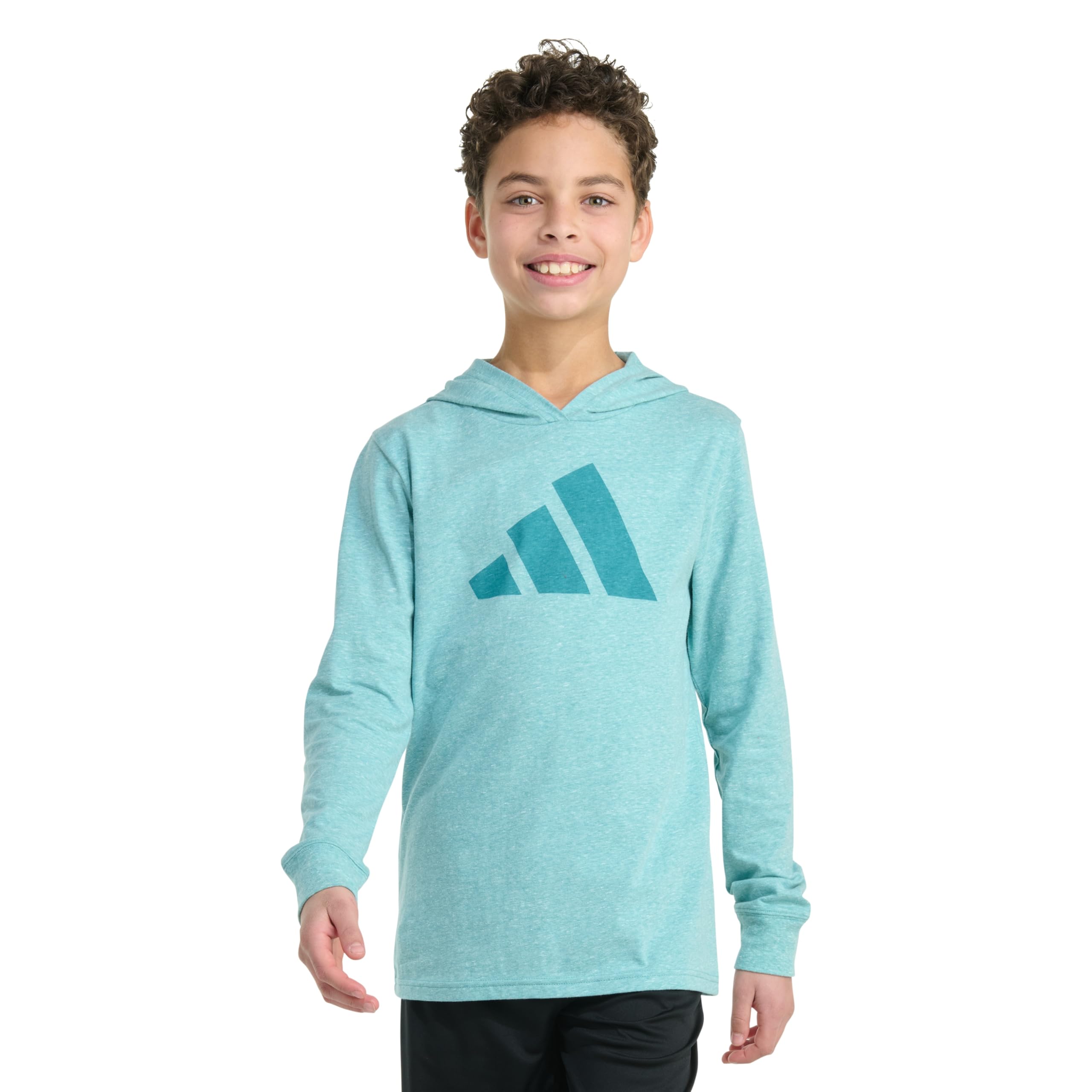 Adidas Boys Long Sleeve Hooded Snow Heather Tee, Powder Teal Snow Heather, L (14/16)