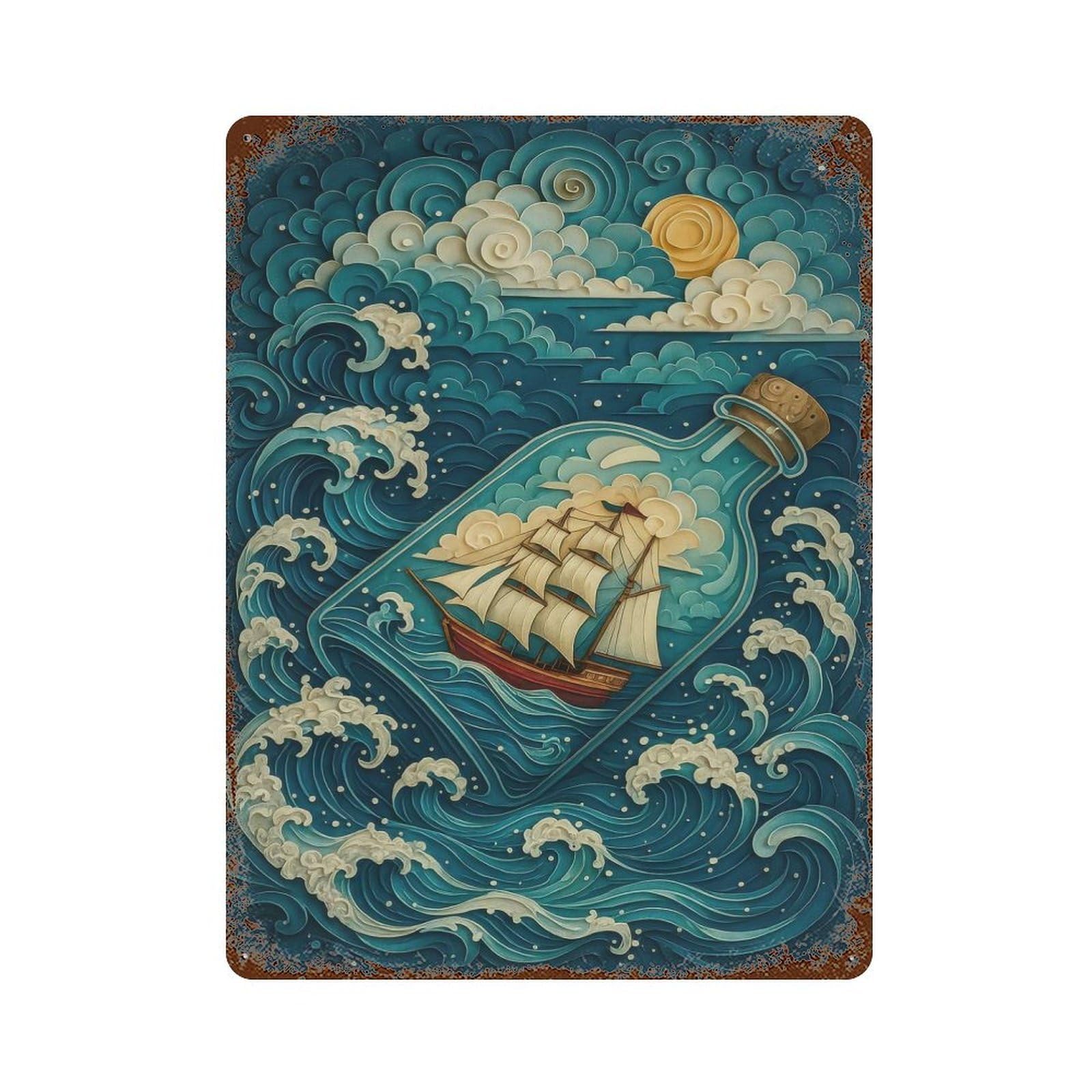 Aged Metal Wall Plaque with Ship in A Bottle Ocean Scene Design 15.7"x11.8", for Farmhouse, Kitchen And Entryway Decor, Retro Wall Decor