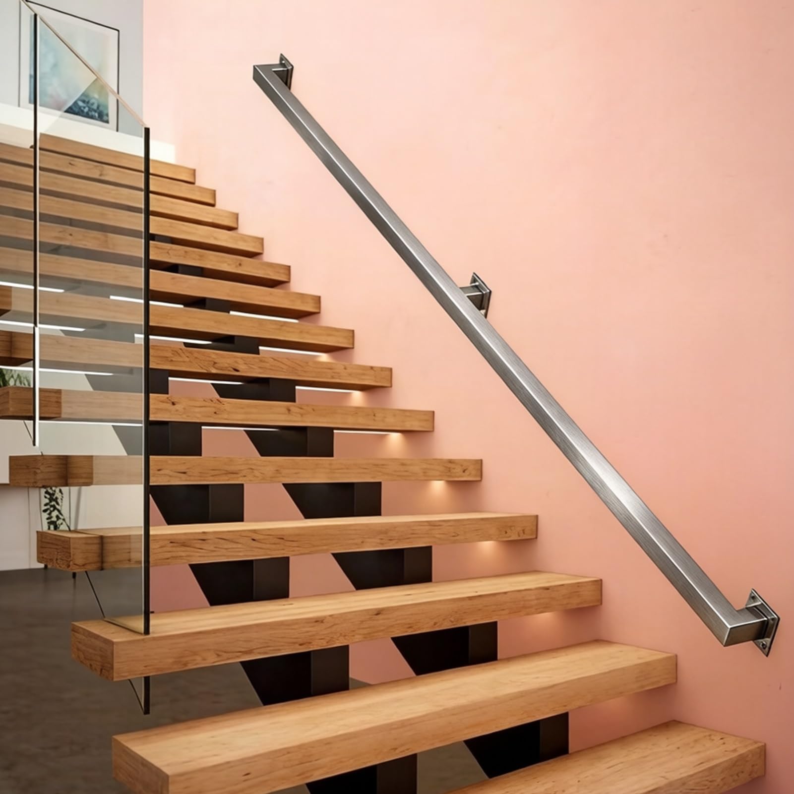 Liyadolaam Women's One Color Square Staircase Handrail, Wall Mount Bannister Hand Railing With Stainless Steel Brackets For Indoor Loft Non-Slip Sliver Square Pipe Support Rods(17Ft/510Cm)